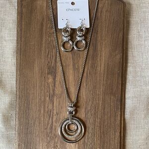 Chico’s Crystal Encrusted Ring Links Necklace & Earrings set - silver